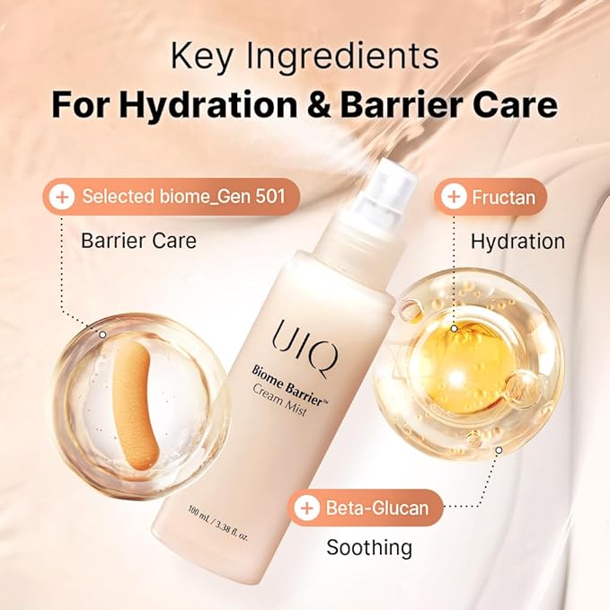 UIQ Biome Barrier Cream Mist, Skin Microbiome-Powered Face Mist with Hyaluronic Acid & Niacinamide for Deep Hydration, Glow & Soothing, Korean Skin Care, 100ml / 3.38 fl. oz.