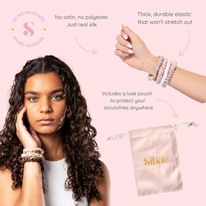 SILKIE x4 Set - Better than Satin - 100% Pure Mulberry Silk Black on Black Skinny Scrunchies Travel Pouch Everyday Hair Ties Elastics Hair Care Ponytail Holder No Damage (Noir)