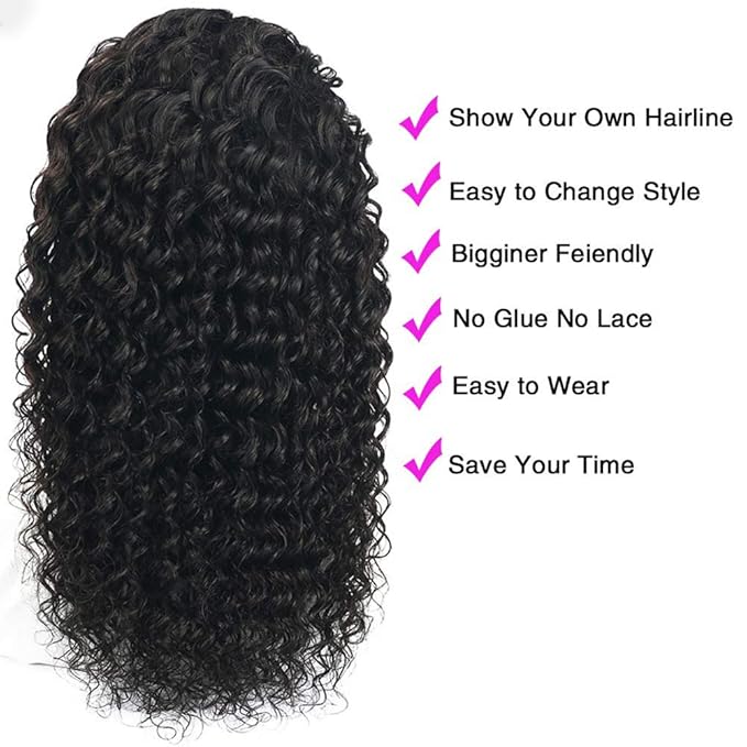 XSY Headband Wig Human Hair Deep Wave Human Hair Wigs 24 Inch Virgin Brazilian None Lace Front Wig Glueless Machine Made Wigs for Black Women Natural Colour