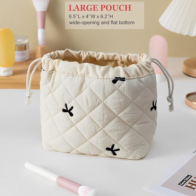 HAPPYHEIDI Quilted Nylon Drawstring Makeup Bag Set 2 Compartment Cosmetic Toiletry Travel Pouch, Purse Organizer, Creamy White Embroidery Bow