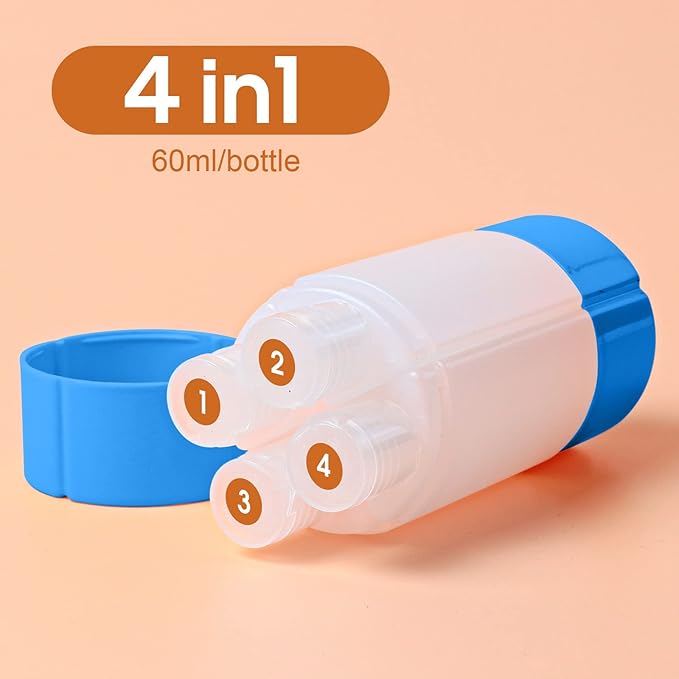 Olatay 4-in-1 Leak-Proof Travel Bottle, 4 * 60ml/2oz, with 2 Pre-printed Labels, TSA Approved, Carry-On Travel Size Toiletries for Women & Men (Blue)