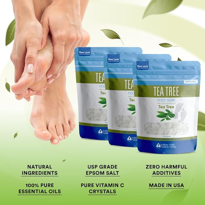 Tea Tree Foot Soak (3-Pack) Epsom Salt with Natural Tea Tree, Lavender and Eucalyptus Essential Oils Plus Vitamin C in BPA Free Pouch 6-Lbs Total