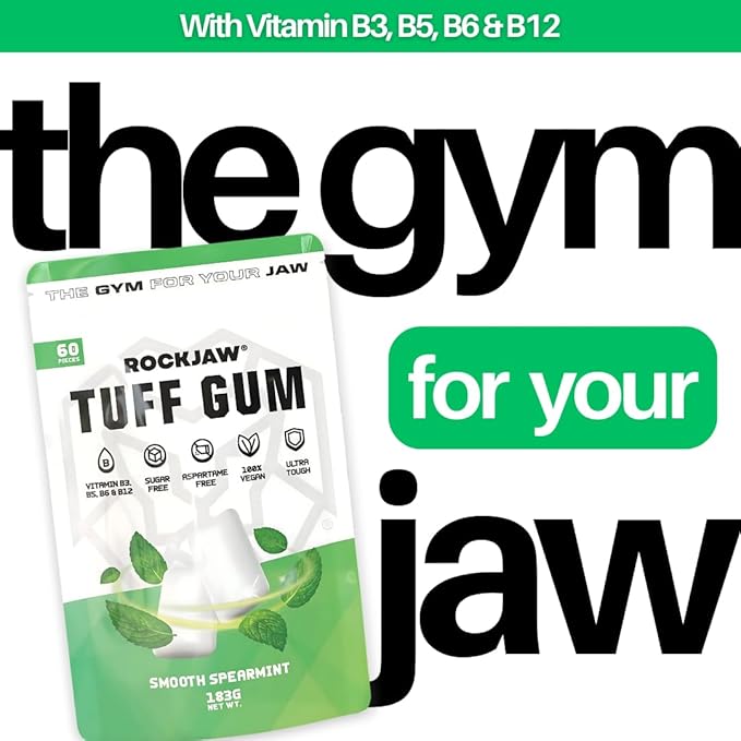 ROCKJAW® Tuff Gum | Ultra-Hard Jawline Chewing Gum for a Sharper Jawline | Vitamin B3, B5, B6 & B12 | 1350mg Xylitol | Sugar-Free | Aspartame-Free | 60 Pieces | Smooth Spearmint