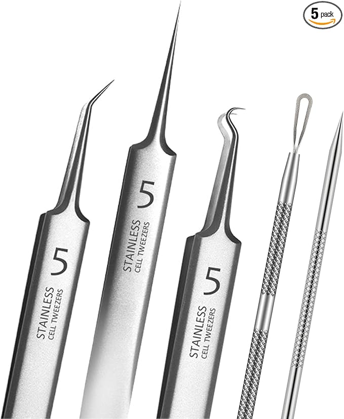 5pcs Blackhead Remover Tweezers Pimple Popper Tool Kit, Precision Acne Needle Comedone Blackhead Tweezers Extractor Removal Whitehead Popping Zit for Nose Face Skin Blemish Extractor Tool