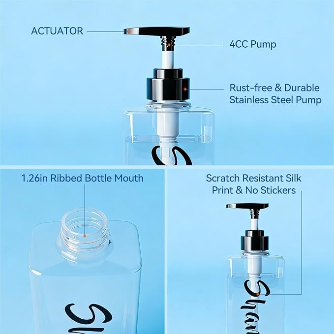 16.9oz Clear Shampoo and Conditioner Dispenser Set of 3, Refillable Empty Shampoo Bottles with Pump for Shower, Printed Plastic Soap Dispenser for Bathroom, Rectangular Body Wash Container Sets