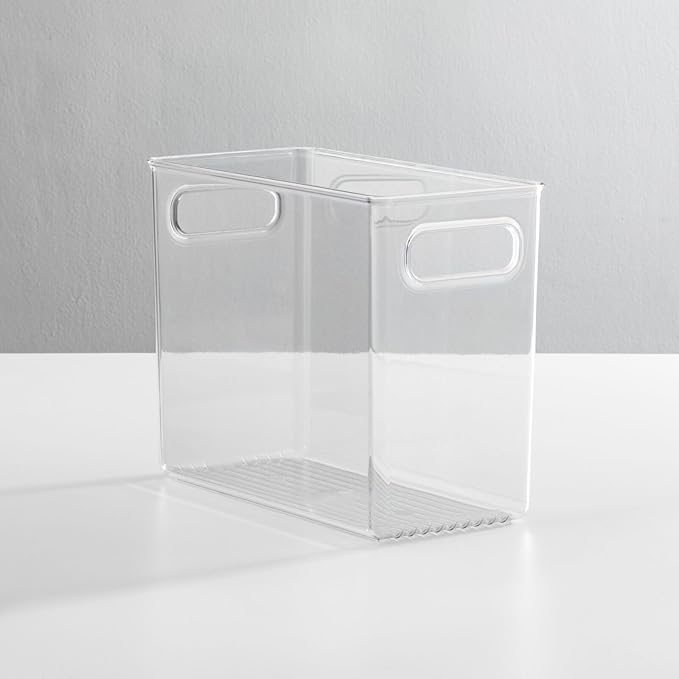 mDesign Tall Modern Stackable Plastic Storage Organizer Bin Basket with Handles for Bathroom Vanity Organization - Shelf, Cubby, Cabinet, or Closet Organizing Decor - Ligne Collection - 4 Pack - Clear