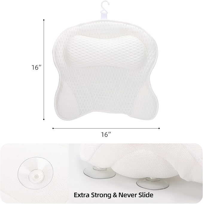 2 Pack Bath Pillow for Tub, Luxury Bathtub Pillow with Head, Neck, Shoulder and Back Support Soft 4D Mesh Bathtub Pillows with 6 Suction Cups - White