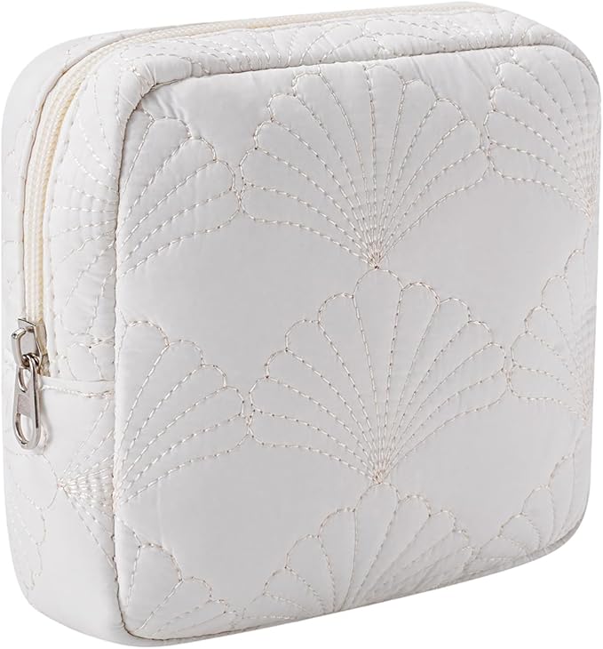 Small Quilted Cosmetic Pouch for Purse, Mini Cotton Makeup Bag with Compartments, Cute Zipper Lipstick Holder for Women (16Seashell)
