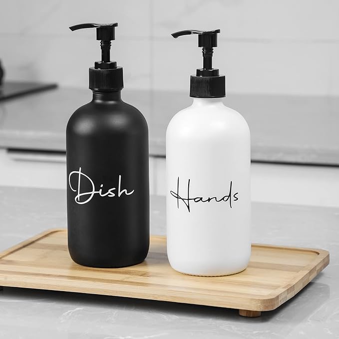 17 oz Hand Soap Dispenser Glass Liquid Dish Soap Bottles, Refillable Empty Lotion Pump Bottles for Bathroom Decor, Kitchen Sink, Matte Design, Black + White, Pack of 2
