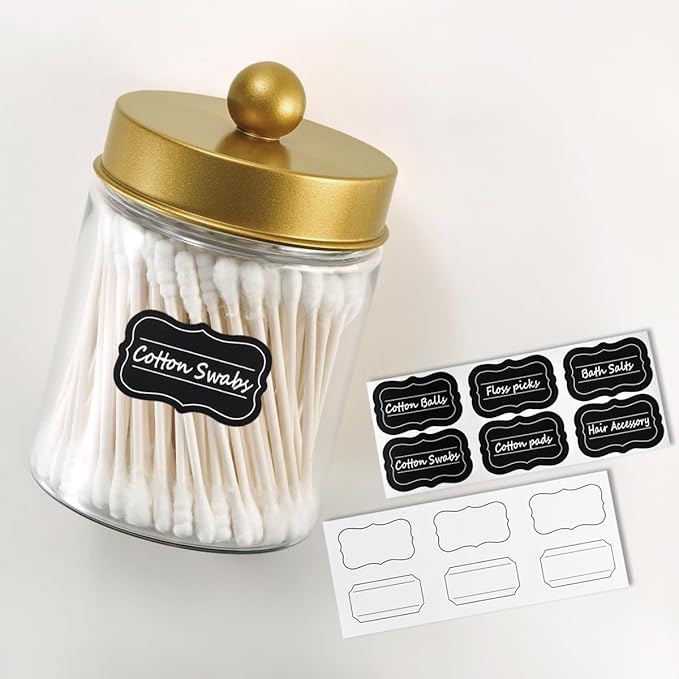 3PC Farmhouse Decor Qtip Holder Apothecary Jars Bathroom Vanity Storage Organizer -Countertop Canister Container &Cute Stickers for Cotton Swab,Ball,Pad,Floss,Paper Clips (Gold,Plastic)