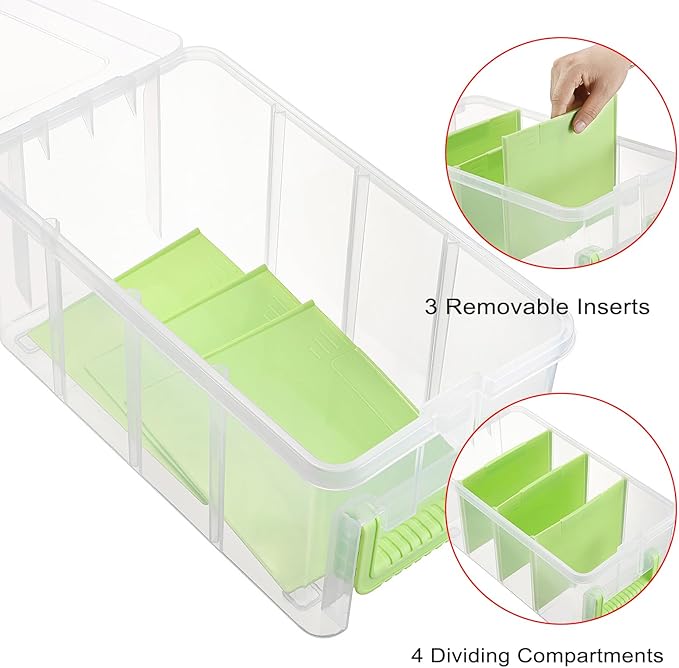 BTSKY Clear Plastic Dividing Storage Box with 4 Deep Compartments Adjustable Storage Bin with Lid Portable Craft Container Multipurpose Sewing Box Art Supply Organizer, 13.9x7.9x6.2 Inches, Green