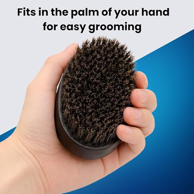 Beard Brush for Men, Natural Boar Bristles, Black Oval Wave Brush, Warp Resistant Wood Handle, for Fuller Thicker Hair, Beard & Mustache Growth, Exfoliation (Black 2)
