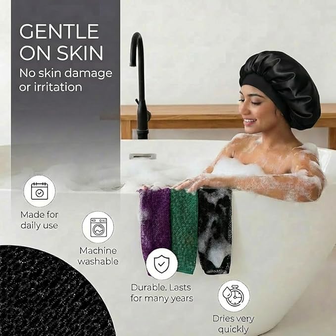 African Net Sponge, Exfoliating Body Scrubber, Soft Satin Silk Bonnet for Men Women Hair Bonnet for Sleeping, Double Layer Silk Sleep Cap, Black, HomeyVenture