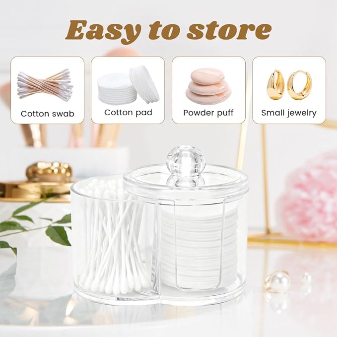 Dual-Compartment Cotton Swab & Pad Organizer with Removable Dustproof Lid, Bathroom Accessories Storage Organizer for Swabs, Cotton-Pads(COLOR:Transparent)