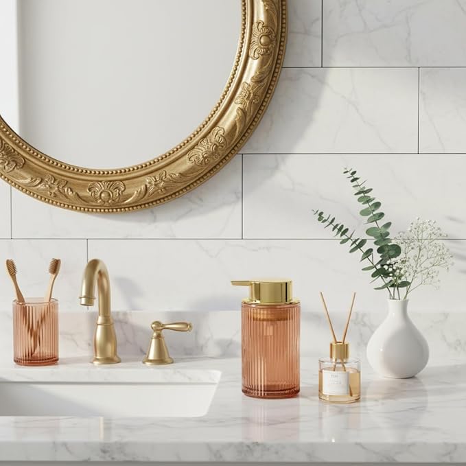 Foaming Soap Dispenser, 12 Oz Thick Glass Foam Hand Soap Dispenser, Refillable Glass Foam Pump Bottle Container Decorative Slim Ribbed Bottle for Bathroom and Kitchen (1, Brown Gold)