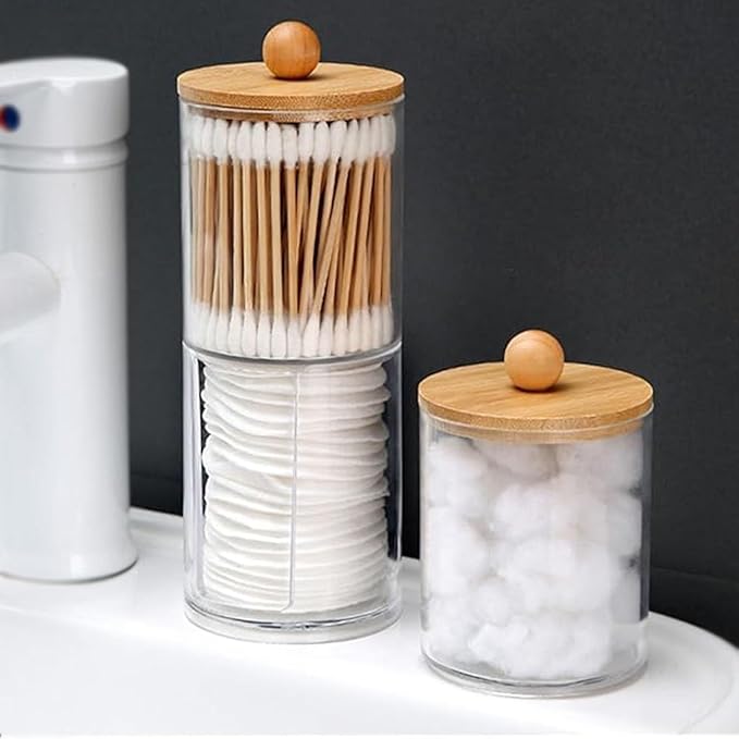 3PCS Acrylic Qtip Dispensers Holders With Wood lid, Clear Bathroom Round Countertop Storage Organizer Canister for Cotton Balls,Swabs,Pads,Bath Salts ,Makeup Sponges,Tooth Floss