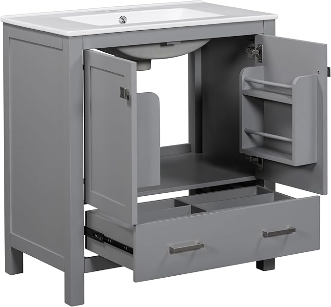 Bellemave 30" Bathroom Vanity with Sink Combo Set, Solid Wood Frame Bathroom Storage Cabinet with a Drawer, 2 Soft Closing Cabinet Doors with Organizer, Grey