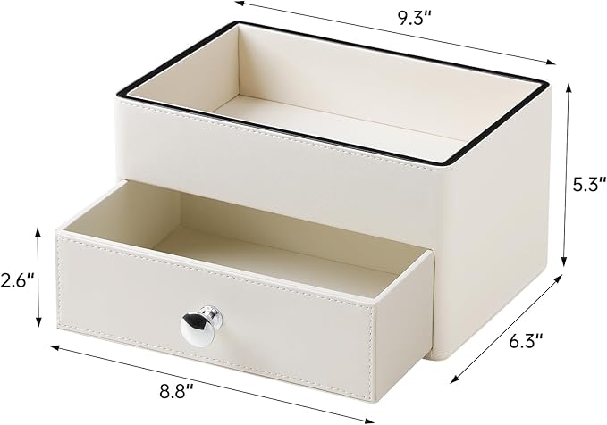PU Leather Makeup Organizer with Drawer, Waterproof Cosmetic Storage Box, Multifunctional Nightstand Vanity Organizer for Skincare, Perfume, Jewelry, Bathroom Countertop (Beige)