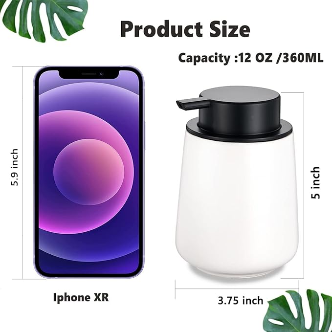 12Oz White Foam Soap Dispenser - Ceramic Foaming Hand Soap Dispenser Set with Easy-to-Press Pump, Refillable Liquid Dish Soap Dispensers for Bathroom and Kitchen, 2 Pack