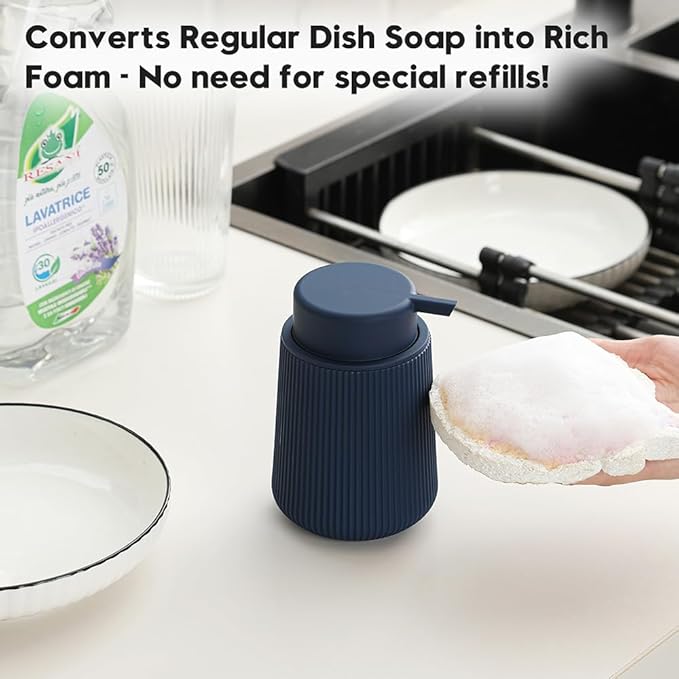 Striped Foaming Hand Soap Dispenser with Leak-Proof Pump for Bathroom and Kitchen Countertop 11oz Navy Blue