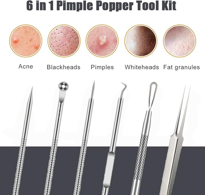 Pimple Popper Tool Kit, 6 Pcs Blackhead Remover Acne Needle Tools Set Removing Treatment Comedone Whitehead Popping Zit for Nose Face Skin Blemish Extractor Tool - Silver