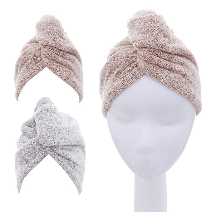 2 Pack Hair Towel Wrap,Rapid Carbon Fiber Hair Drying Towel with Buttons, Microfiber Hair Towel for Drying Curly Hair,Anti-frizz (Star Gray&Star Pink)