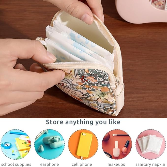 Sanitary Napkin Storage Bags,Portable Menstrual Cup Nursing Pad Tampon Storage Pouch,Leather Oil Painting Flower Travel Makeup Bags Coin Purse Sundries Pouch with Zipper