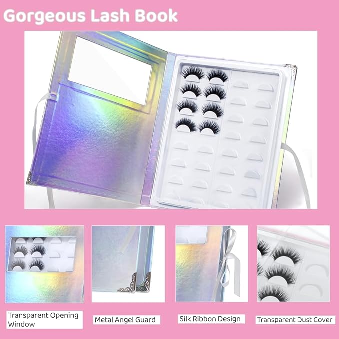 False Eyelash Storage Book Protable 16 Pari Eyelashes Organizer Holder Case Lash Contanier Box Glitter Cover Lash Container Empty Case with Eyelash Tweezer (Assorted Color)