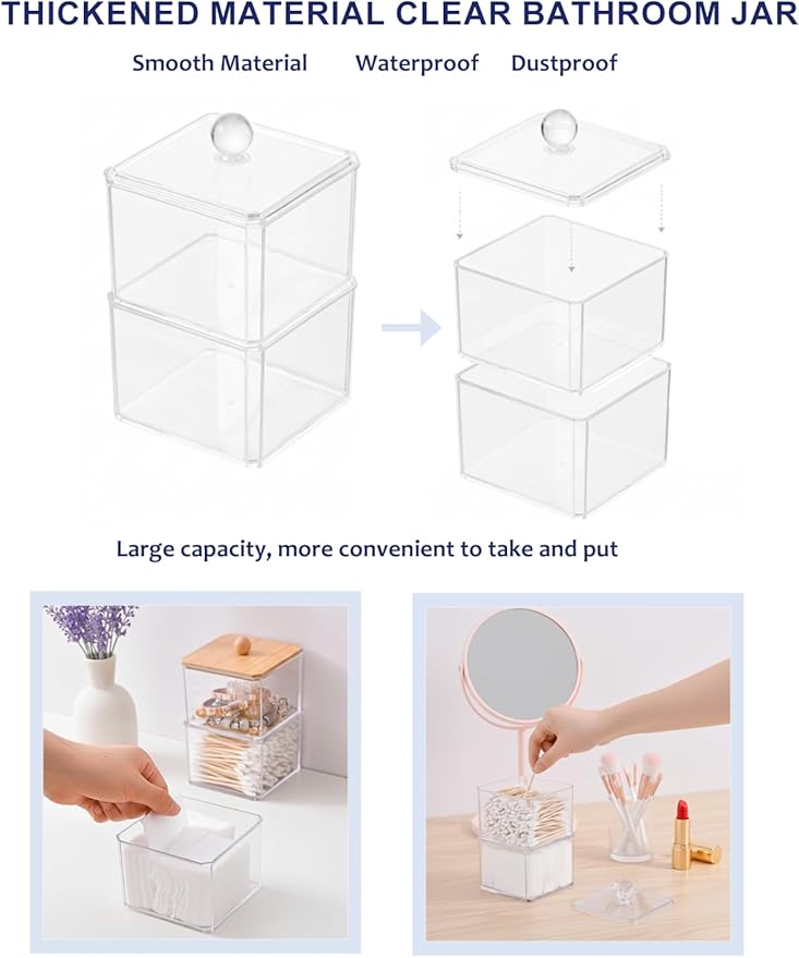 Cotton Swab Holder with Plastic Lid, Clear PS Qtip Container, Double Layer Stackable Bathroom Organizer for Cotton Balls & Pads, Vanity Storage, Dorm Room Essentials, Small Space Decor