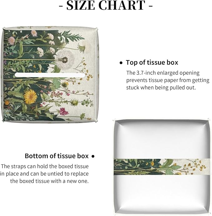 Retro Herbs Spring Dandelion Tissue Box Cover Leaves Summer Holiday Square Leather Tissue Holder Decorative Facial Tissue Cube Paper Cover Case Organizer for Bathroom Night Stands Desk Home