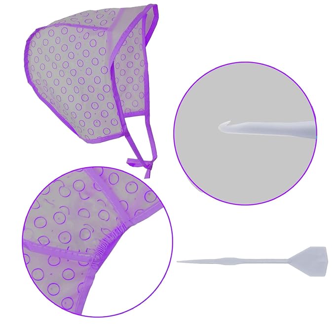 Hair Highlighting Cap, Purple Hair Coloring Frosting Dye Kit with Plastic Crochet Hook for Salon DIY Hair Dyeing Hairdressing