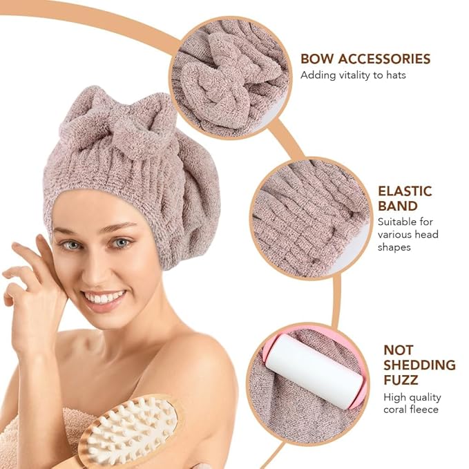 SUNLAND Large Microfiber Hair Drying Caps with Bow knot Fast Drying Shower Cap Soft and Absorbent hairWrap Hair Turban Bath Caps for Curly Thick and wet Hair 11 X 13.4 inch 2 Pack Brown
