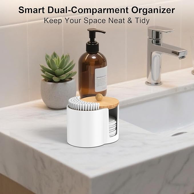 Cotton Pad Swab Holder, Q tip Holder Round Cotton Pads Dispenser Small Plastic Swabs Dispenser with Lid, Bathroom Accessories Storage Organizer for Bud Floss Picks, White