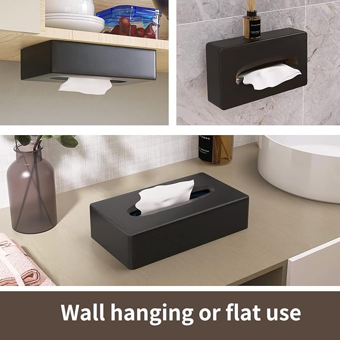 Tissue Box Cover, Rectangular Black Wall Mounted Facial Paper Holder Dispenser, Prefert for Storage on Bathroom Vanity, Kitchen, Night Stand, Countertops Office and Car.