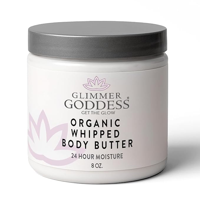 Glimmer Goddess Organic Whipped Body Butter for Women - Moisturizer Cream with Shea & Cocoa Butter, Almonds & Coconut Oil - Citrus Mango, 8oz