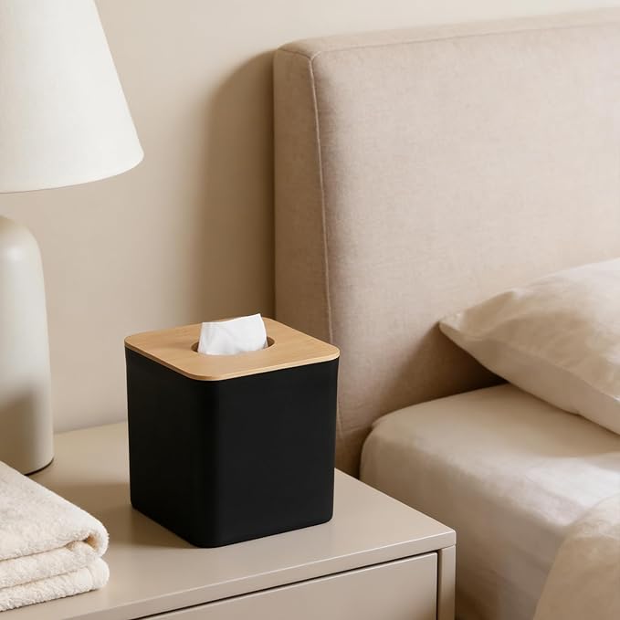 Black Tissue Box Cover, Square Tissue Box Holder with Bamboo Cover Plate, Cube Tissue Box Cover for Desk Accessories, Tissue Holders Decorative Square Tissue Box Tissue Holders for Bathrooms Bedrooms