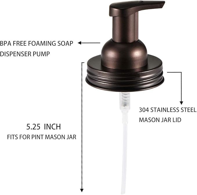 Amolliar Mason Jar Foaming Soap Dispenser Pump Lids, Foaming Pump Replacement Kit for Pint Regular Mouth Mason Jar, Refill Hand Soap, Waterproof Labels, Kitchen Bathroom Farmhouse Decor, Bronze 6 Pack