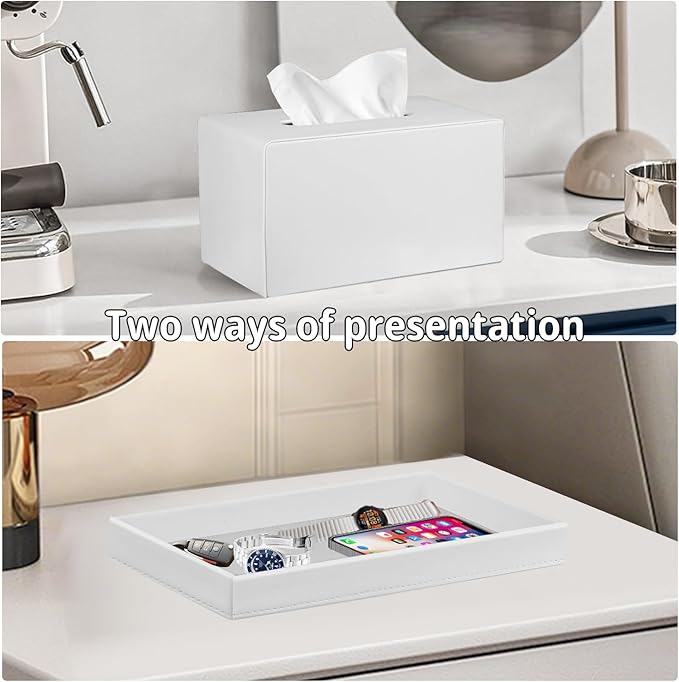 PU Leather Tissue Box Cover Rectangle with Detachable Storage Tray,Fits 230-Count Box Tall Rectangular,Modern Decorative Tissue Box Holder/Organizer for Bathroom,Bedroom Dresser,Night Stand