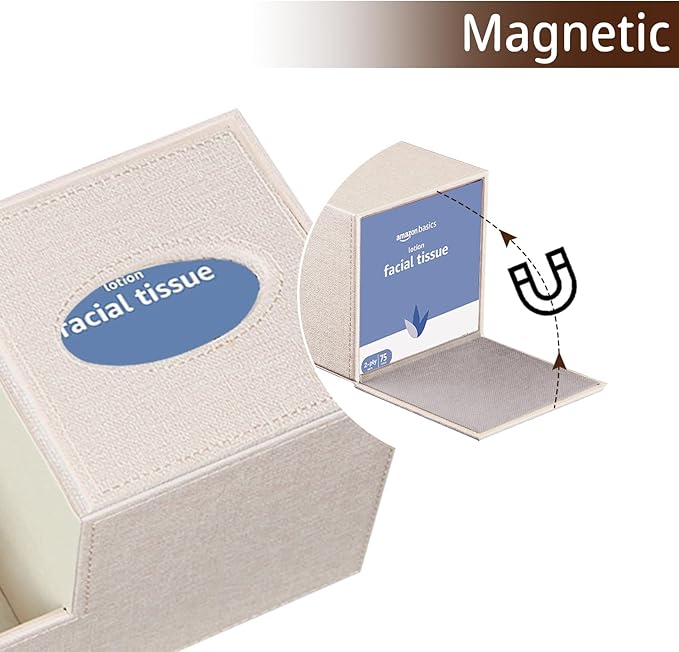 PU Leather Square Tissue Box Cover - Multi-Functional Tissue Box Holder, Tissue Box Cover with Storage ,Tissue and Remote Control Holder, Cube Tissue Box Organizer Bedroom Nightstand End Table