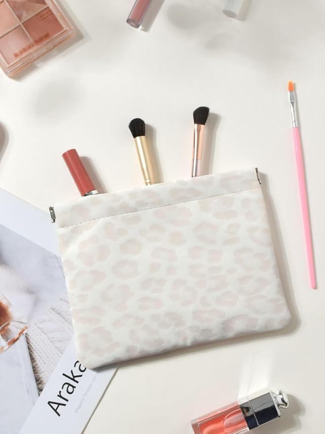 Leopard Leather Small Makeup Pouch for Women,Cosmetic Accessories,Waterproof and Portable Cosmetic Bag,Self-closing, No Zipper, Aesthetic Storage Pouch,Lipstick for Purse,Light Yellow