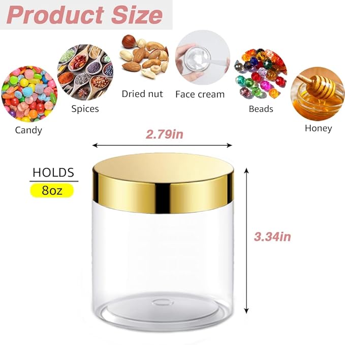 12 Pack 8 oz Plastic Cosmetic Containers With Rose Gold Lids Refillable Clear Empty Travle Jars Containers for Body Butter,Sugar Scrubs,Cream,Lotions,Candy, Label&Spatulas