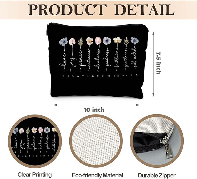Christian Gifts Makeup Bag, Floral Christian Cosmetic Bags for Women, Galatians 5:22-23 Bible Verse Makeup Pouch, Faith Based Gifts Zipper Pouch(black)