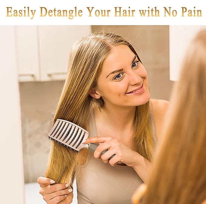 KTKUDY Detangling Brush Getting Knots Out without Pain - Boar & Nylon Bristles Hairbrush Make Hair Shiny & Healthier Vented Detangler Brush for Women Men Kids Wet and Dry Hair (Gold)
