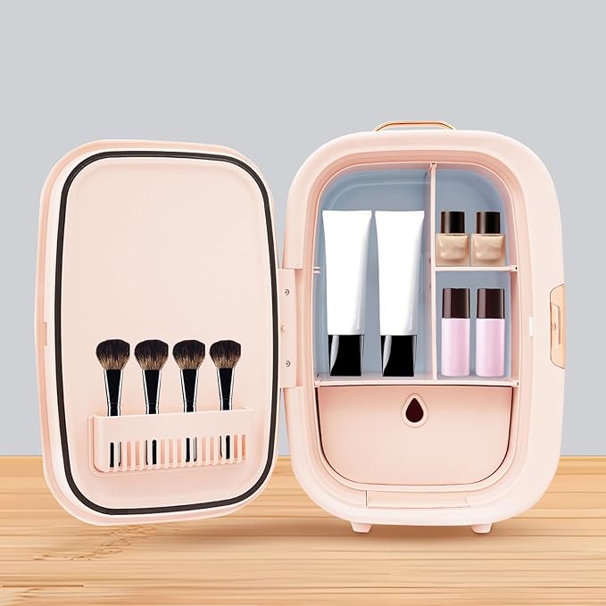 Cosmetic Fridge with LED Mirror & Adjustable Shelves, 12V/110V Mini Skincare Refrigerator for Bedroom, Vanity, Office, 4 Gal, Gift for Women (Pink)