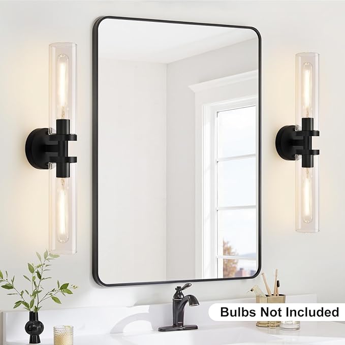 Matte Black Wall Sconces, Bathroom Sconces Wall Lighting with Clear Glass, Modern Sconces Wall Light fixtures for Bathroom Mirror Living Room Hallway Bedroom