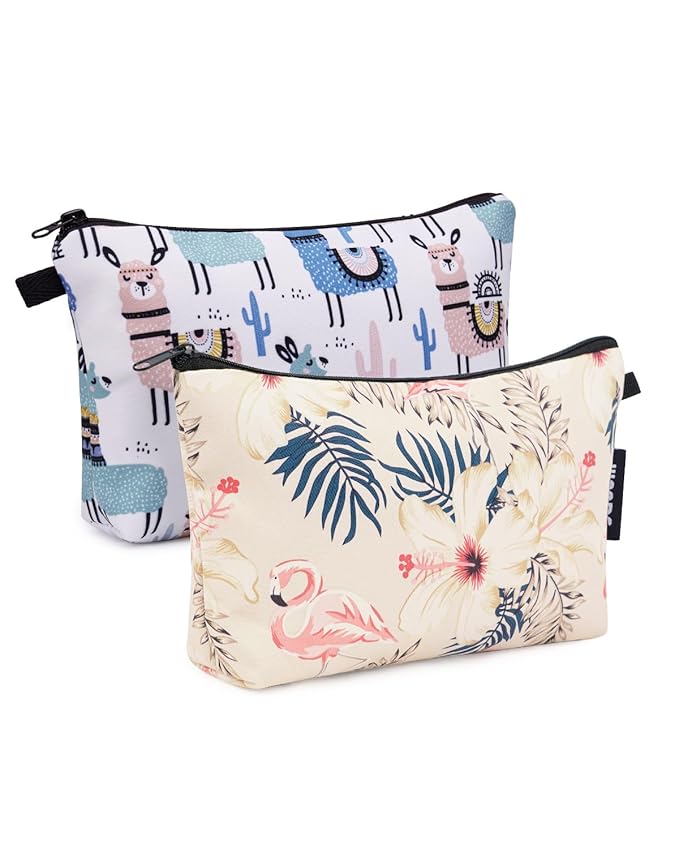 WANDF Cosmetic Bag for Women Makeup bag Organizer Mini Makeup Pouch for Purse Water Resistant Girls Gift(2pcs Alpacas+ Flamingo)