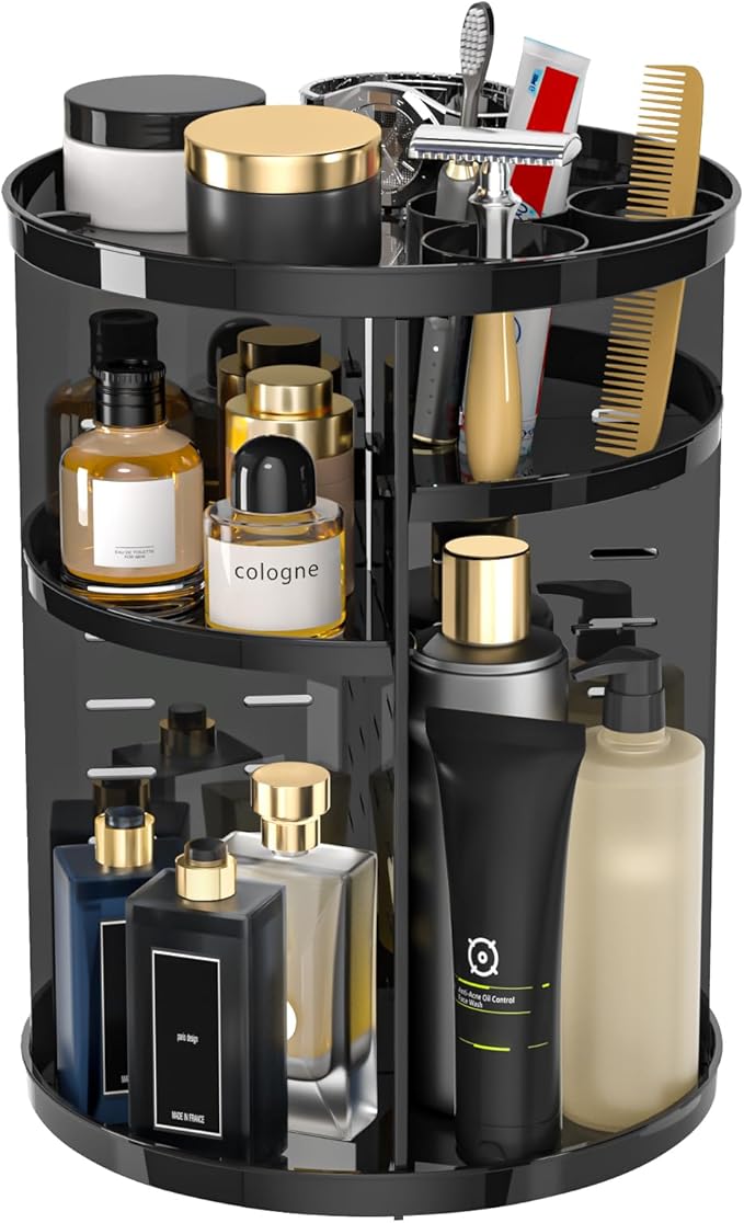 Rotating Makeup Organizer for Vanity, 360 Spinning Skincare Organizers with Adjustable Trays, Make Up Desk Storage Carousel Rack, Cosmetic Display Cases for Dresser Bathroom Countertop Black
