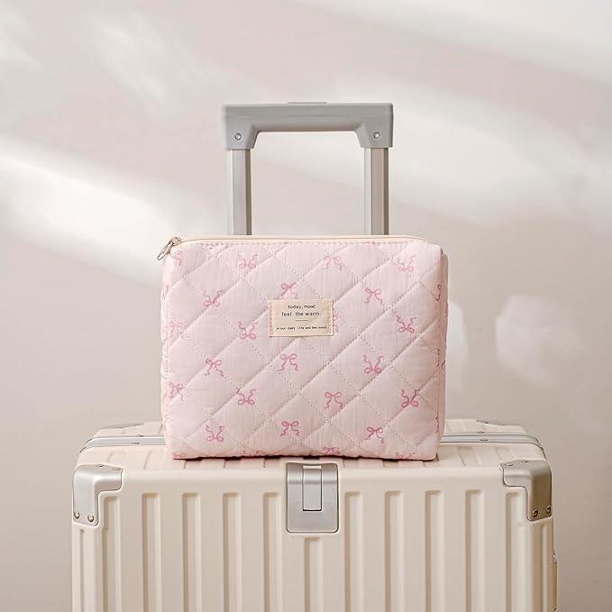 uekeboag Quilted Cotton Makeup Bag,Coquette Quilted Toiletry Bag for Women and Girls,Floral Coquette Pouch,Cute Kawaii Travel Cosmetic Bags(Cute Pink Bow)