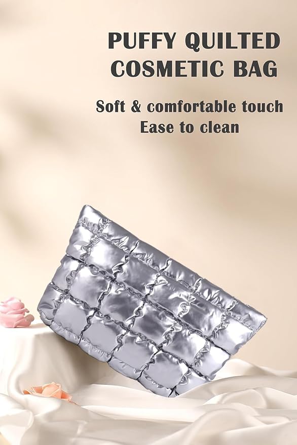 Puffy Quilted Makeup Bag, Cosmetic Bag, Travel Toiletry Organizer Pouch, Clutch for Women (Silver)