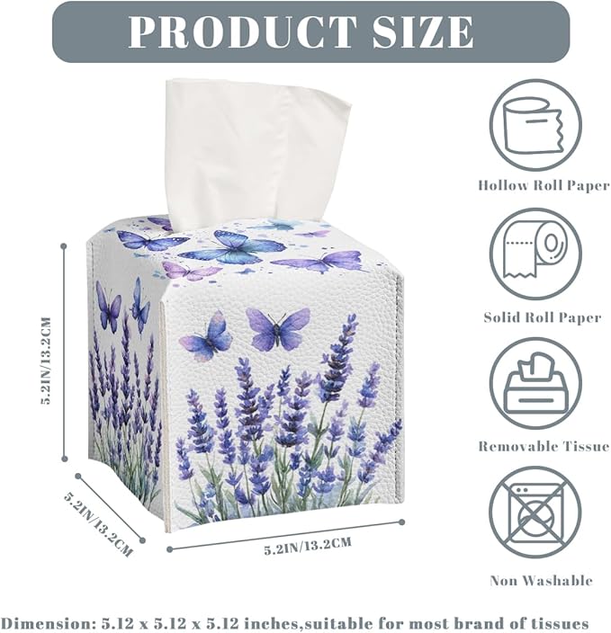 Butterfly Tissue Box Cover Purple Lavender Blossoms French Garden Leather Tissue Box Holder Square Facial Paper Organizer Dispenser for Car Bathroom Bedroom Office Tabletop Decor